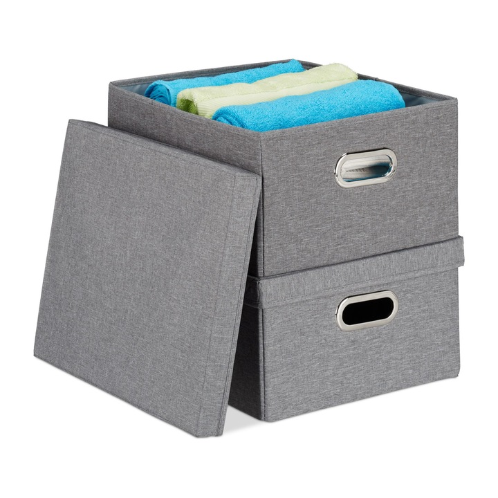 Комплект от 2 кутии за съхранение с капак, 20.5x34.5x42 см, капацитет 25L, сиви, Relaxdays
