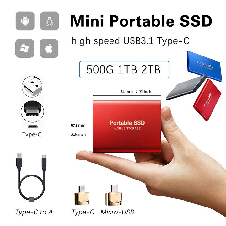 Hard disk extern SSD, Aluminiu, Portabil, USB 3.0, 2TB, Albastru