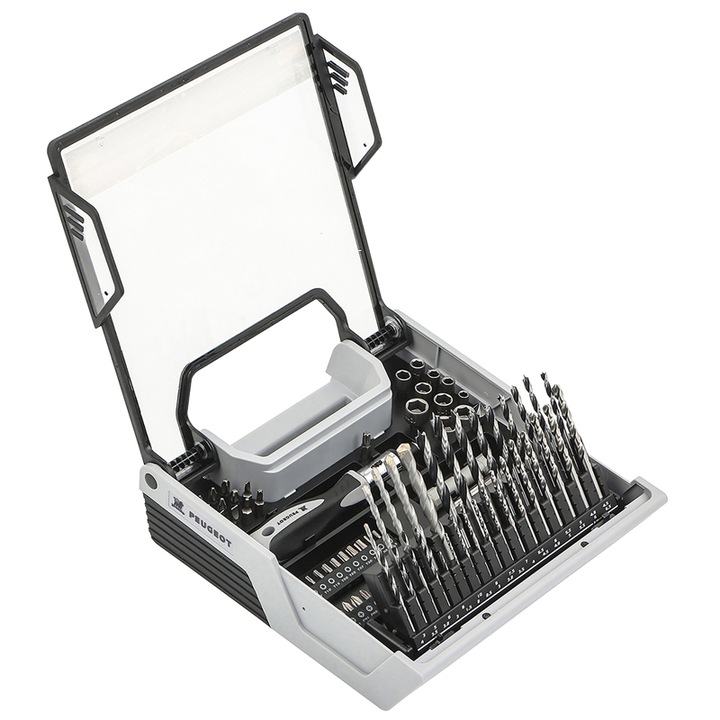 Set burghie si biti pentru gaurire si insurubare in lemn, metal si beton, 108 piese, Peugeot