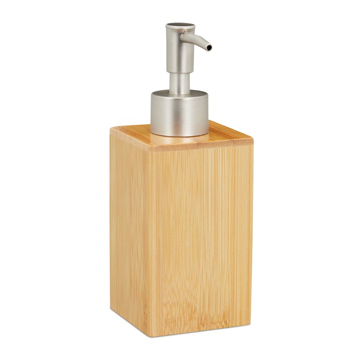 Dozator-dispenser sapun lichid, din bambus, 200 ml, maro natur, 17,5 x 6,5 x 6,5 cm