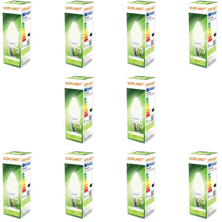 Комплект от 10 броя - Ecoplanet LED крушка тип свещ C35, E27, 7W, 60W, 630 LM, F, неутрална светлина 4000K, мат