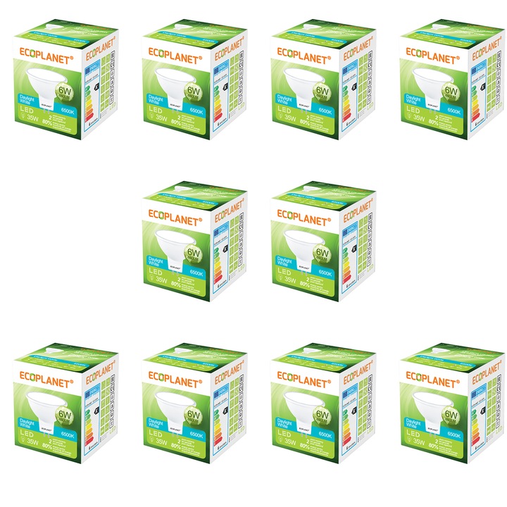 Комплект от 10 LED крушки Ecoplanet MR16/GU5.3, 6W, 35W, 480 LM, G, студена светлина 6500K, матови
