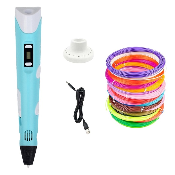 Комплект син 3D молив и 12 PLA нишки, 36 м, многоцветни