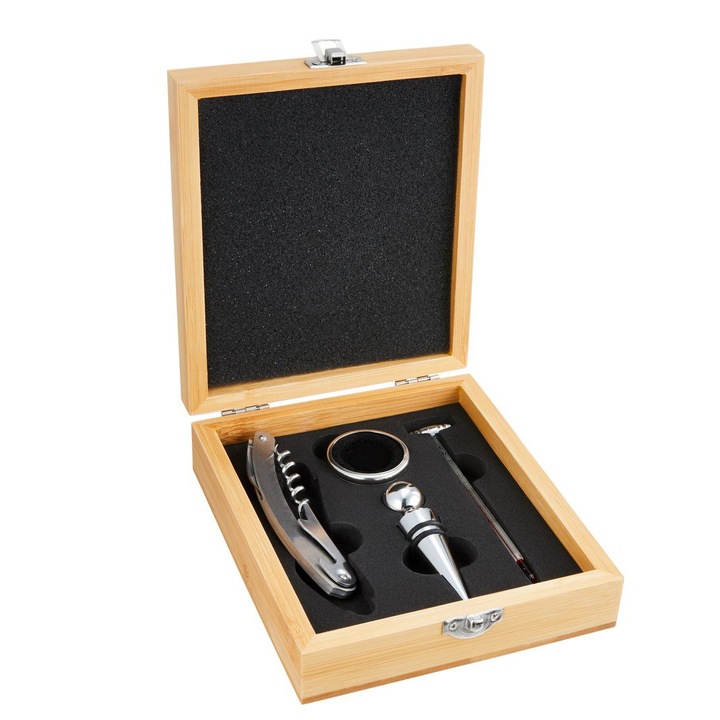 Set 4 accesorii pentru vin, Ambition Bolero, in cutie din bambus