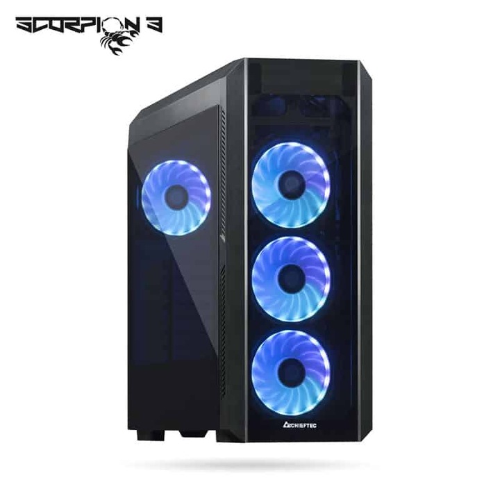 Кутия Chieftec Scorpion 3 GL-03B-OP, Middle Tower, ATX, без източник на захранване, безопасно стъкло, контролер на вентилатора, включително RGB, черен