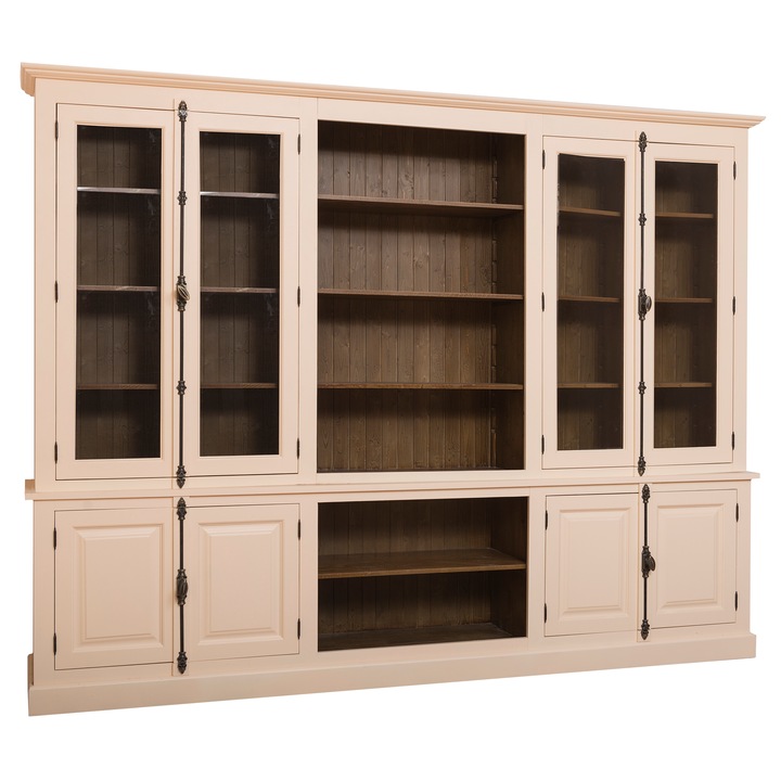 Biblioteca mare cu 4 usi, cu tija si partea din mijloc deschisa si 4 usi sticla, cu tija si partea din mijloc deschisa, culoare exterior crem, culoare interior maro, dublu color, 100% lemn masiv, 286x228x51 cm