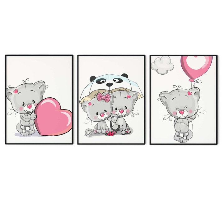 Set 3 tablouri, Intaglio, Stil Animatie, color, Pisicute, fara rama, print pe hartie foto Fine Art, pentru camera copii 90 cm 42 cm