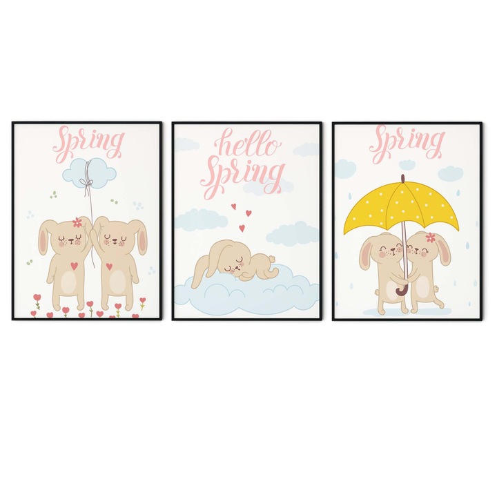 Set 3 tablouri, Intaglio, Stil Animatie, color, Iepurasi, fara rama, print pe hartie foto Fine Art, pentru camera bebelus 90 cm 42 cm