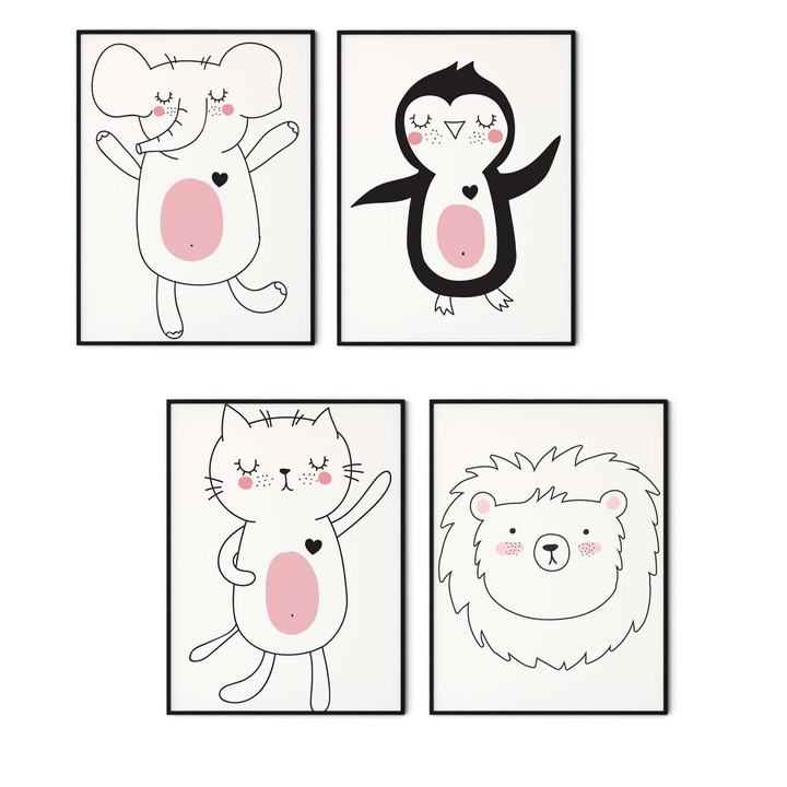 Set 4 tablouri, Intaglio, Stil Animatie, color, Animalute, fara rama, print pe hartie foto Fine Art, pentru camera copii 120 cm 42 cm