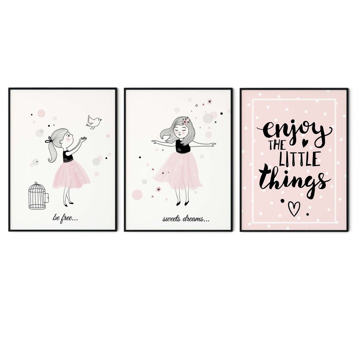 Set 3 tablouri, Intaglio, Stil Animatie, color, Fetita si mesaj, fara rama, print pe hartie foto Fine Art, pentru camera fata 90 cm 42 cm