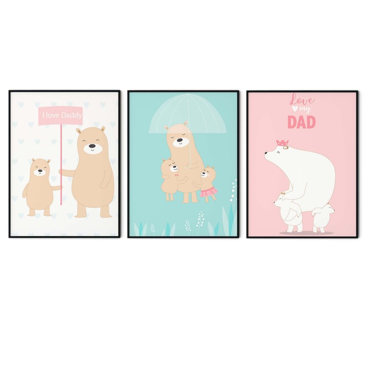 Set 3 tablouri, Intaglio, Stil Animatie, color, Ursuleti, fara rama, print pe hartie foto Fine Art, pentru camera copii 183 cm 91 cm