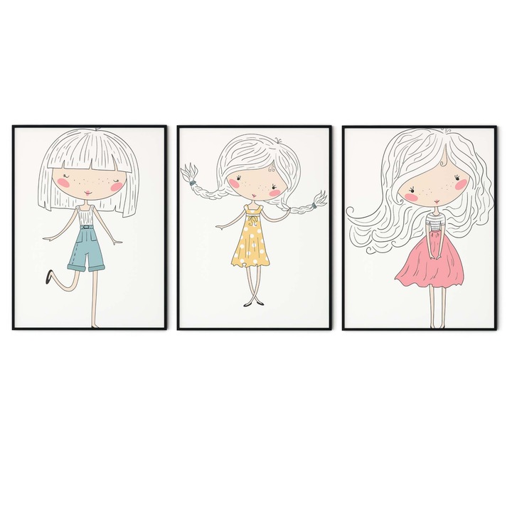 Set 3 tablouri, Intaglio, Stil Animatie, color, Fetite fericite, fara rama, print pe hartie foto Fine Art, pentru camera copil 90 cm 42 cm