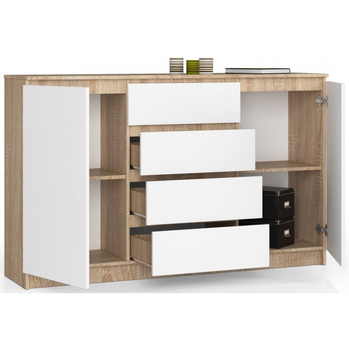 Comoda, Akord Furniture Factory, PAL, 2 usi/4 sertare, 160 x 99 x 40 cm, Sonoma/Alb