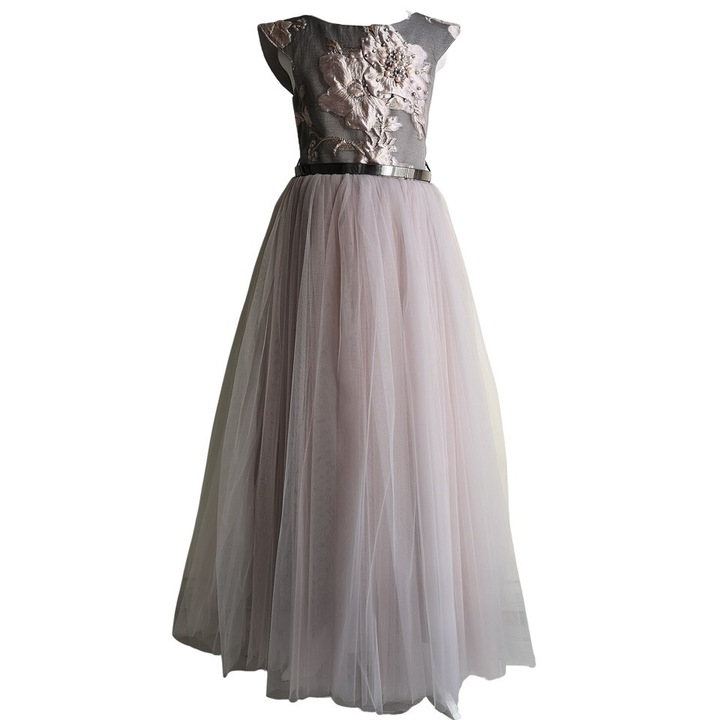 Rochita eleganta Lilea lunga din tul si material Jaquard cu perle cusute manual, gri si roz, 9 ani