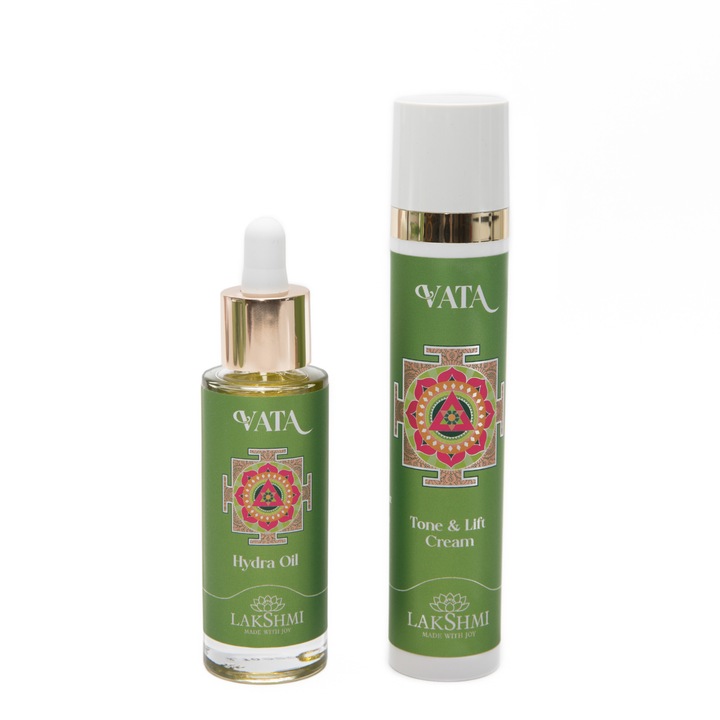 2 termékből álló készlet száraz és vízhiányos bőrre: vata radiance 80ml, Lakshmi, tone & lift krém és hidraolajos arcápoló olaj, eco-bio