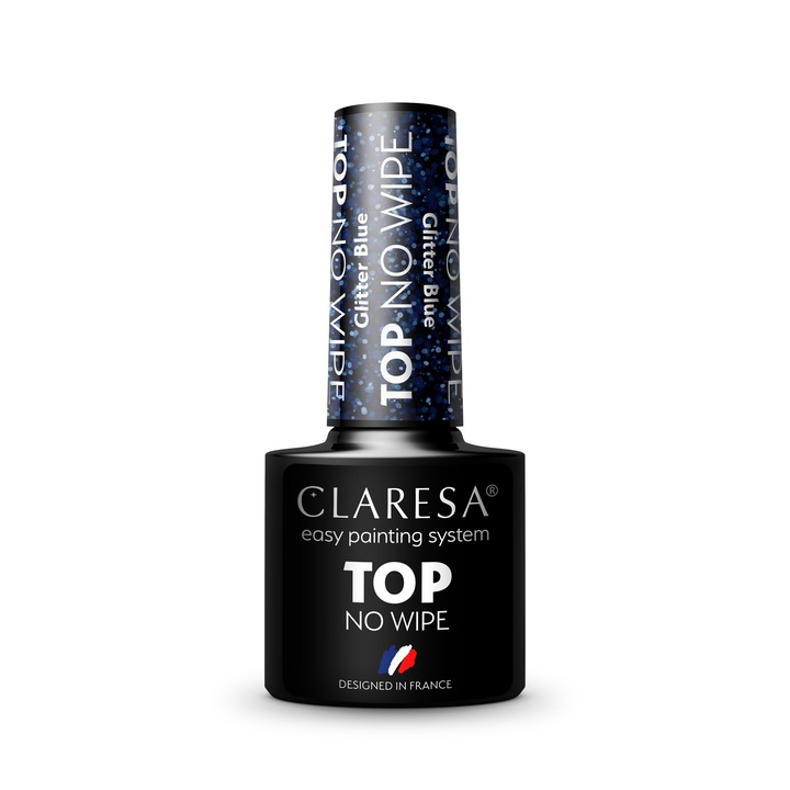 Lac de unghii Claresa, Top No Wipe, Cu sclipici, 5 ml, Albastru