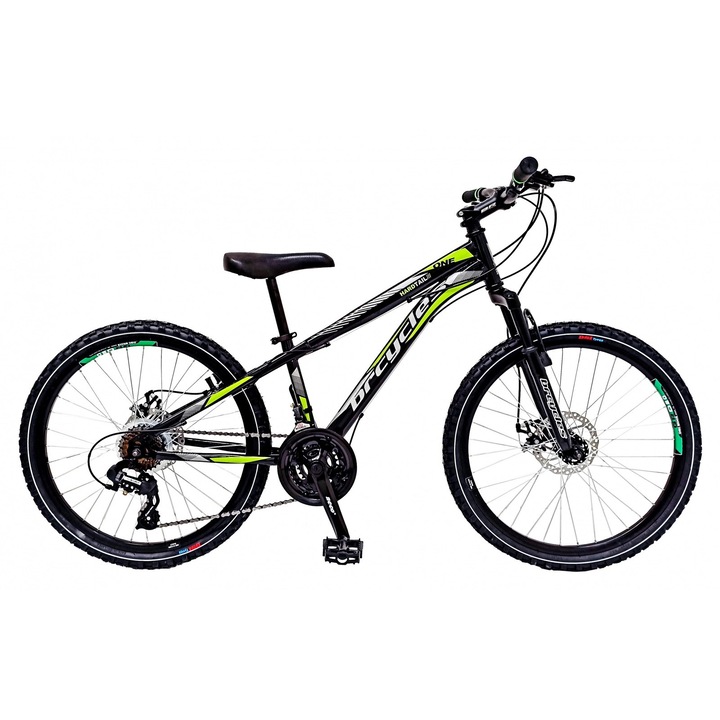 Bicicleta MTB-HT 24″ BR Storm One, cadru otel 16″, frane disc, manete secventiale, 21 viteze, negru/verde