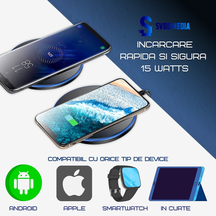 Incarcator wireless SvodMedia®, fast charge 15W, cablu inclus, compatibil cu Samsung, Huawei, iPhone si alte modele, Alb