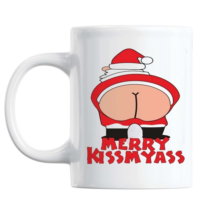 Cana Ceramica, Joystos, 330 ml, alb, Mesaj "MERRY KISSMYASS"