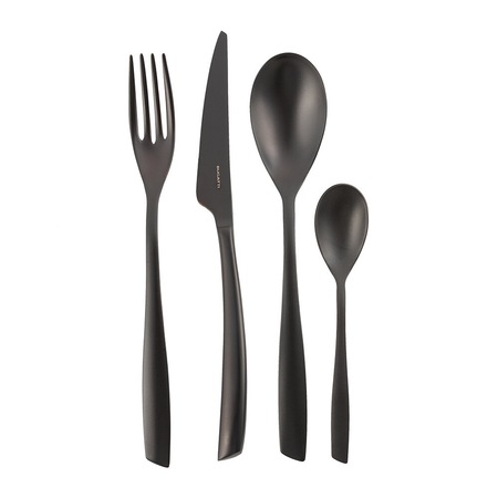 Set 24 tacamuri Casa Bugatti, Riviera Sabbiato, pentru 6 persoane, design modern, elegant, minimalist, material premium, otel inoxidabil, cutie de lux de prezentare, negru
