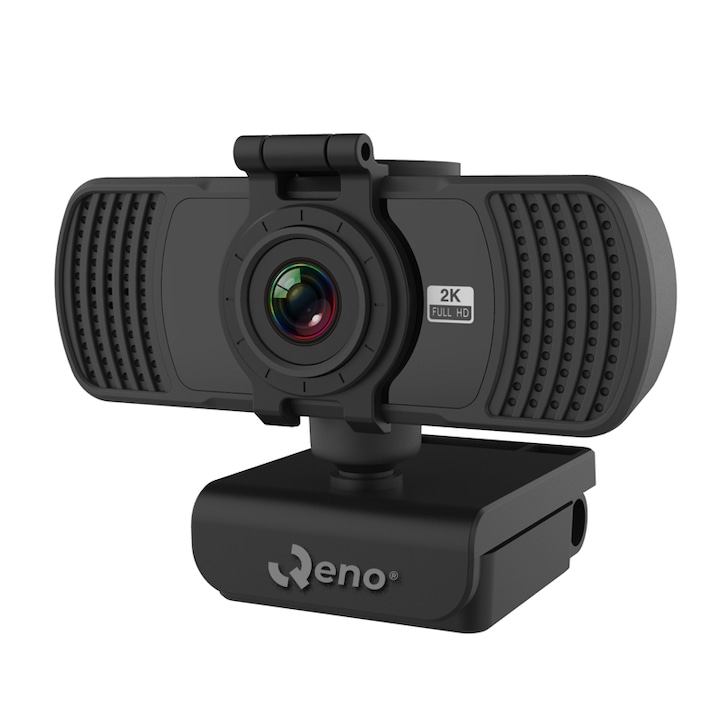 Уеб камера Qeno®, 2K Ultra-HD уеб камера, вграден микрофон за намаляване на шума, автофокус, завъртане на 360°, връзка към компютър/лаптоп, разделителна способност 2560 x 1440 30fps, автоматична корекция на цветовете, черно