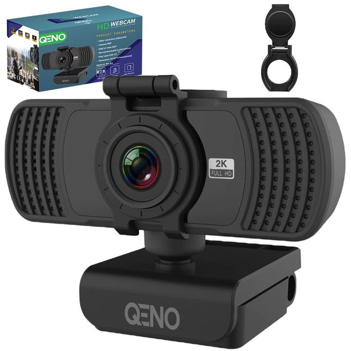 Camera Web Qeno®, Webcam 2K Ultra-HD, Microfon Reducere Zgomot Incorporat, Auto-Focus, Rotatie 360°, Conectare PC/Laptop, Rezolutie 2560 x 1440 30fps, Corectie Automata De Culoare, Negru