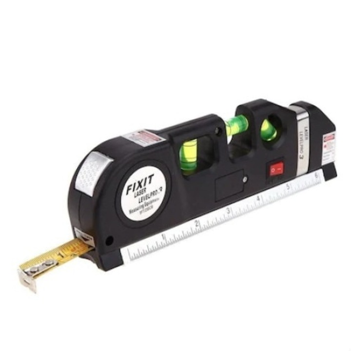 Nivela cu laser FOXMAG24, Fascicul luminos, Buton ON/OFF, Boloboc, Ruleta 2.5m , Rigla 15 cm, Multifunctionala 4in1, Masoara in plan vertical, orizontal si la 45 de grade, Negru