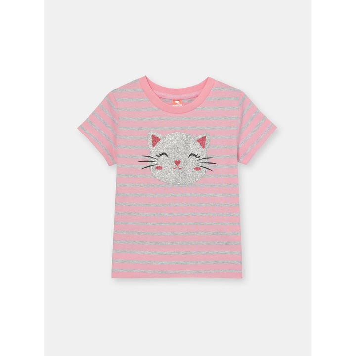 Gyerek pamut csíkos póló látványos Cherubino cica mintával, Rózsaszín