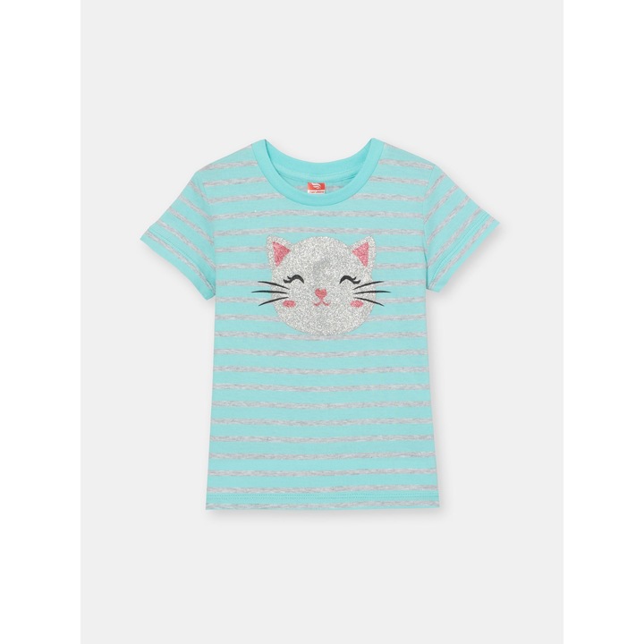 Gyerek pamut csíkos póló látványos Cherubino cica mintával, Türkiz