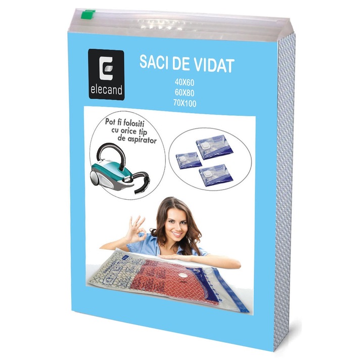 Set 3 saci de vidat ELECAND®, pentru haine, pilote, perne, geci de iarna, cuverturi si paturi, marimi diferite 40x60cm, 60x80cm, 70x100cm