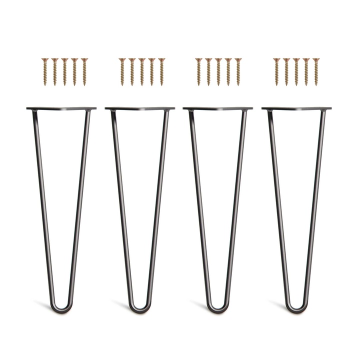 OEM Hairpins láb készlet, asztalhoz, elektrosztatikusan festett, 40 cm magas, profil átmérő 10 mm, 2 kar, acél, rögzítőkészlet, matt fekete, 4 db
