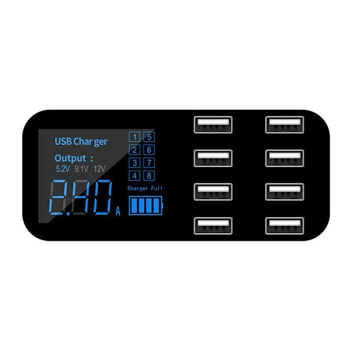 Incarcator auto A9S, 8 x port, USB, cu afisaj LCD, Alb/Negru