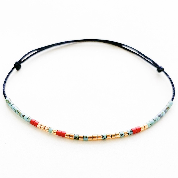 Bratara glezna cod Morse "blessed", reglabila, dama, snur matase, placat cu aur de 24K, verde/rosu