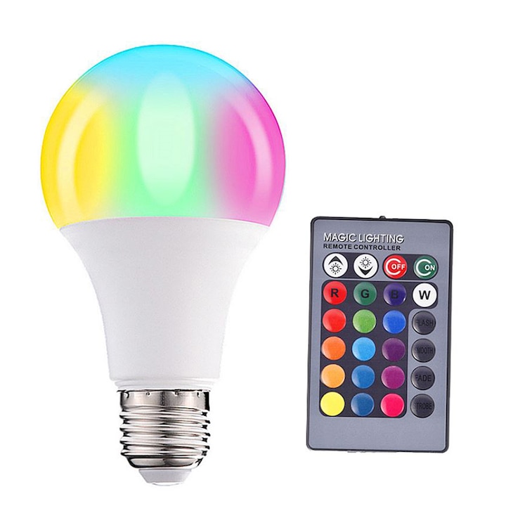 Bec LED smart cu telecomanda Gaea A80, SIHOiSi, E27, 15 W, 270 lm, RGB, Alb/Color
