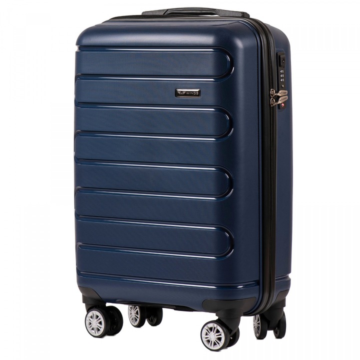 Куфар Wings DQ181/03, за ръчен багаж, TSA код, Полипропилен, С 4 колела, 55 см, Тъмно синьо