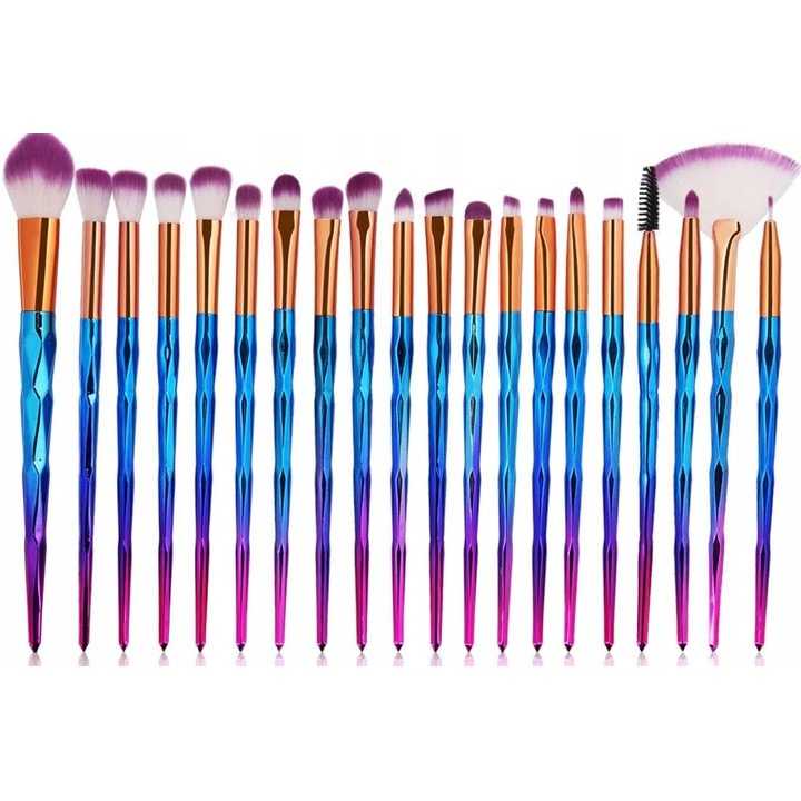 Set 20 de pensule pentru machiaj, UBX, diferite forme, rainbow, dimensiuni 18-20,5 cm
