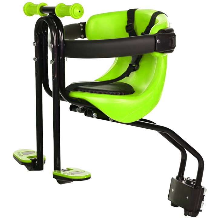Scaun de copil pentru bicicleta cu prindere pe bara orizontala din fata, centuri de siguranta, manere cu mansoane din silicon, sarcina maxima 20 kg, suport picioare, Ideas4Comfort, verde