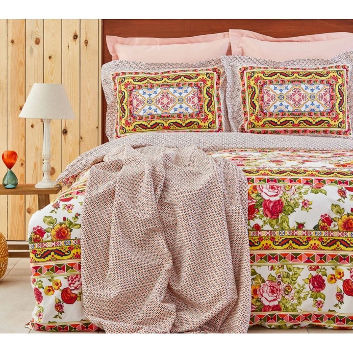 Спално бельо за 2 човека с подходяща кувертюра Karaca Home, Capri, 5 части, Памук, Многоцветен