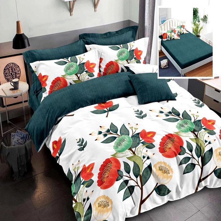 Set complet lenjerie de pat dublu Finet, cearceaf cu elastic, cu pilota 200x220 cm si 2 perne 50x70 cm, 9 piese, Pucioasa, SET2PERPIL-RAH25