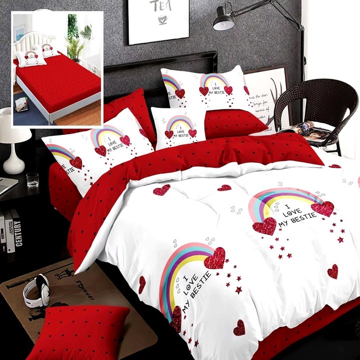 Set complet lenjerie de pat dublu Finet, cearceaf cu elastic, cu pilota 200x220 cm si 2 perne 50x70 cm, 9 piese, Pucioasa, SET2PERPIL-RAH26