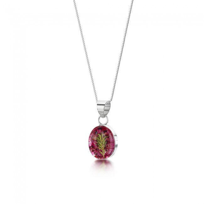 Set lantisor cu pandantiv oval de argint BijuCvete Winter Beauty, Cu flori naturale incastrate, Multicolor