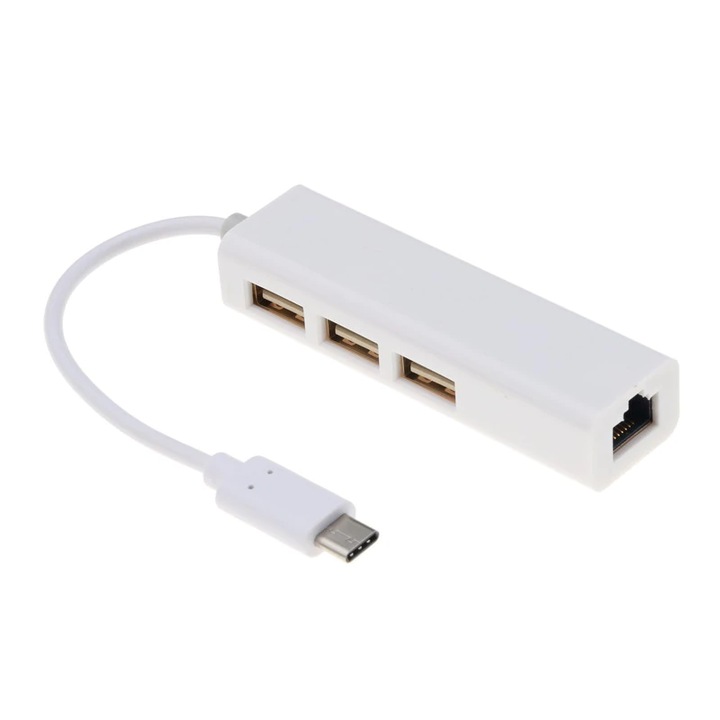 Мрежова карта, USB type C - Ethernet RJ45/3 x USB 2.0, Бял