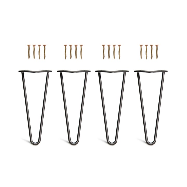Set 4 picioare masa Hairpin, vopsite electrostatic, inaltime 30 cm, diametru profil 10 mm, 2 brate, otel, negru mat, kit montaj inclus