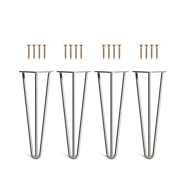 Set 4 picioare masa Hairpin, inaltime 30 cm, diametru profil 10 mm, 3 brate, otel, nevopsit, kit montaj inclus
