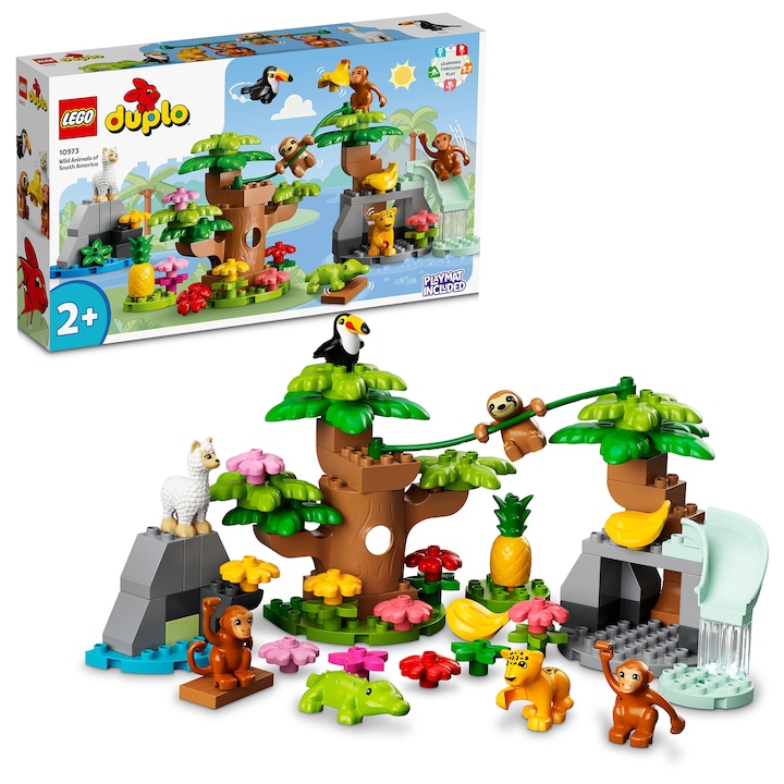 LEGO DUPLO Town 10973 Dél-Amerika vadállatai készlet állatfigurával és dzsungel játszószőnyeggel
