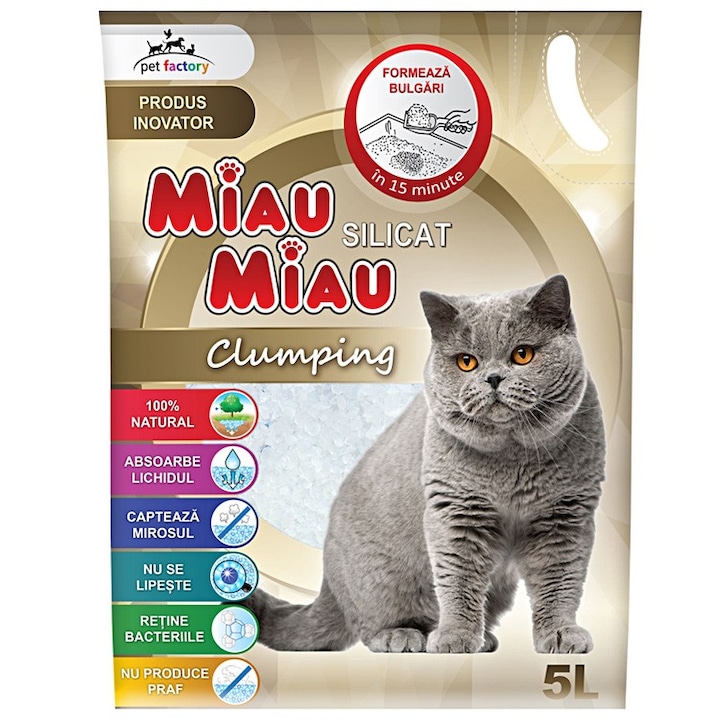 Asternut igienic pentru pisici Miau-Miau, Silicat Clumping, 5L