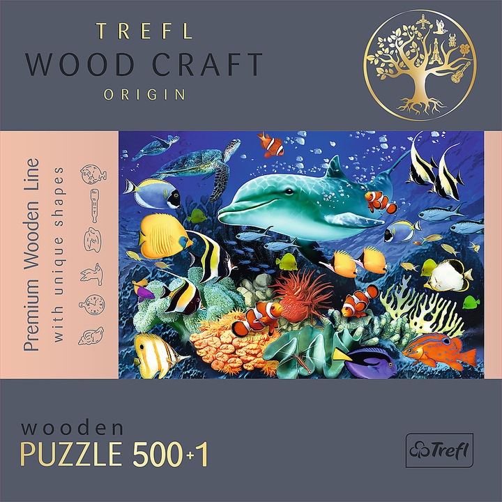 Пъзел Trefl - Wood Craft, Морски живот, Дървен, 500+1 части