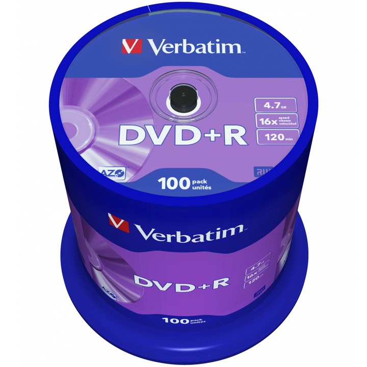 DVD+R Verbatim 16X, 4.7GB, spindle 100 buc.