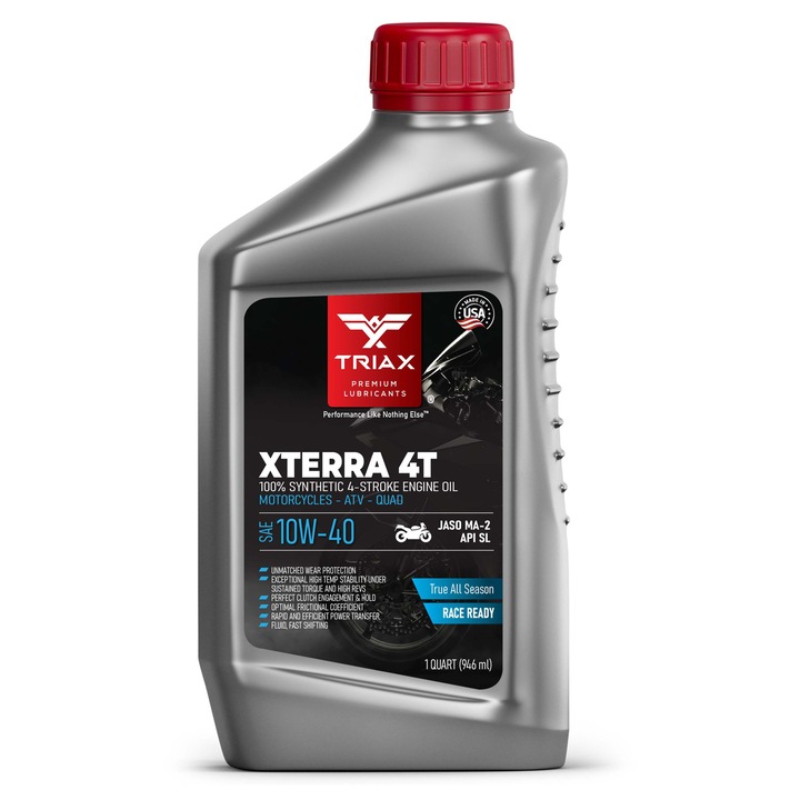 Ulei Motor 4T Full Sintetic TRIAX XTerra 10W-40, Pentru Motociclete, ATV, Quad si Snowmobile, Depaseste JASO MA2 si API SL/SM/SN, Performanta All Season, Race Ready, Protectie Superioara la Uzura si Temperaturii Ridicate946 ml