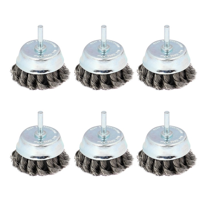 6 db csészekefe készlet, Ø6 szárral, csavart Ø0,40 acélhuzal, átmérő 75 mm, Peromex, 2575TAT5221Gx6